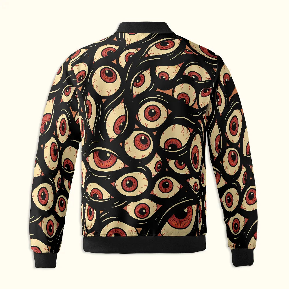 Back design of the Trippy Eye Zip Up Rave Bomber showcasing the psychedelic creepy eyeball pattern for rave outfits.