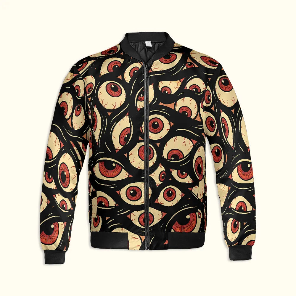 Front flat lay of the Trippy Halloween Jacket Eye Zip Up Rave Bomber featuring a black zipper, ribbed cuffs, and trippy eyeball graphic.