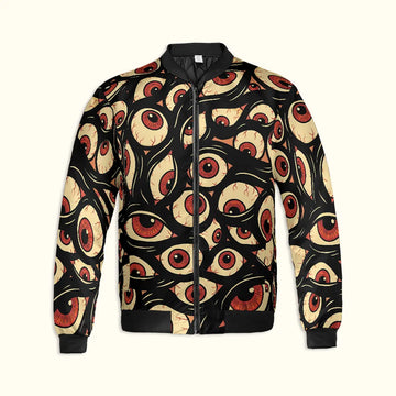 Front flat lay of the Trippy Halloween Jacket Eye Zip Up Rave Bomber featuring a black zipper, ribbed cuffs, and trippy eyeball graphic.