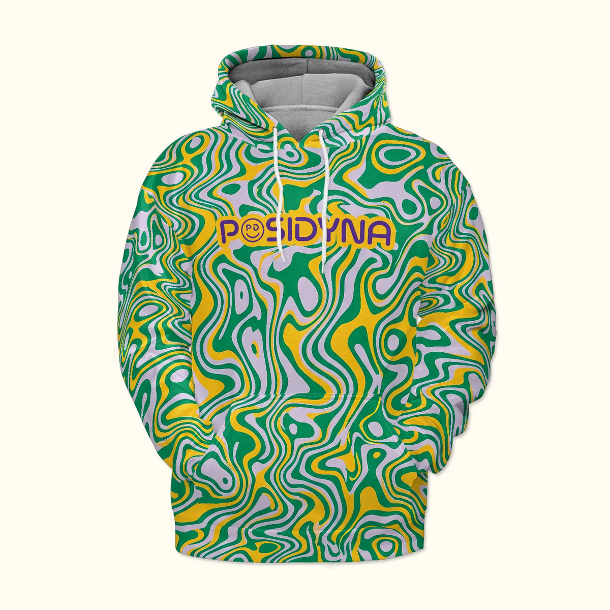 Front product view of the Posidyna trippy hoodie rave shirt pullover showing the drawstring hood and front pouch pocket.