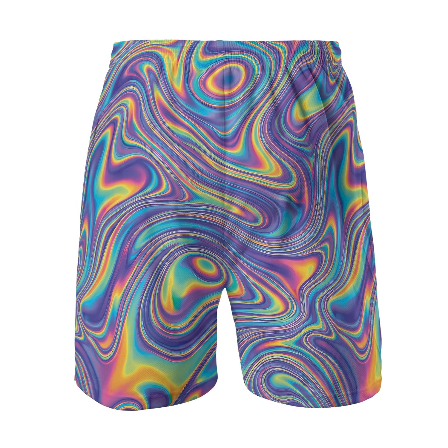 Back view of trippy mesh rave shorts for men featuring a psychedelic liquid swirl pattern in neon purple and blue