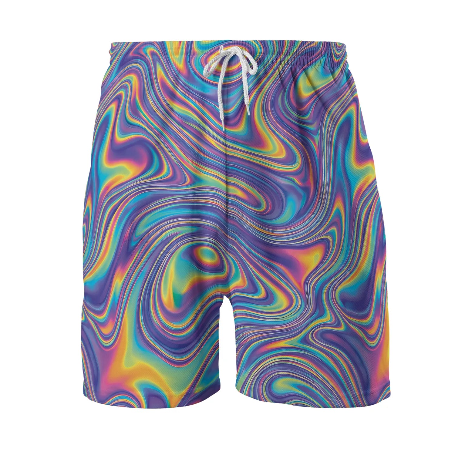 Isolated product view of men's sweat-wicking festival gear bottoms showing the elastic waistband, white drawstring, and vivid acid rave print