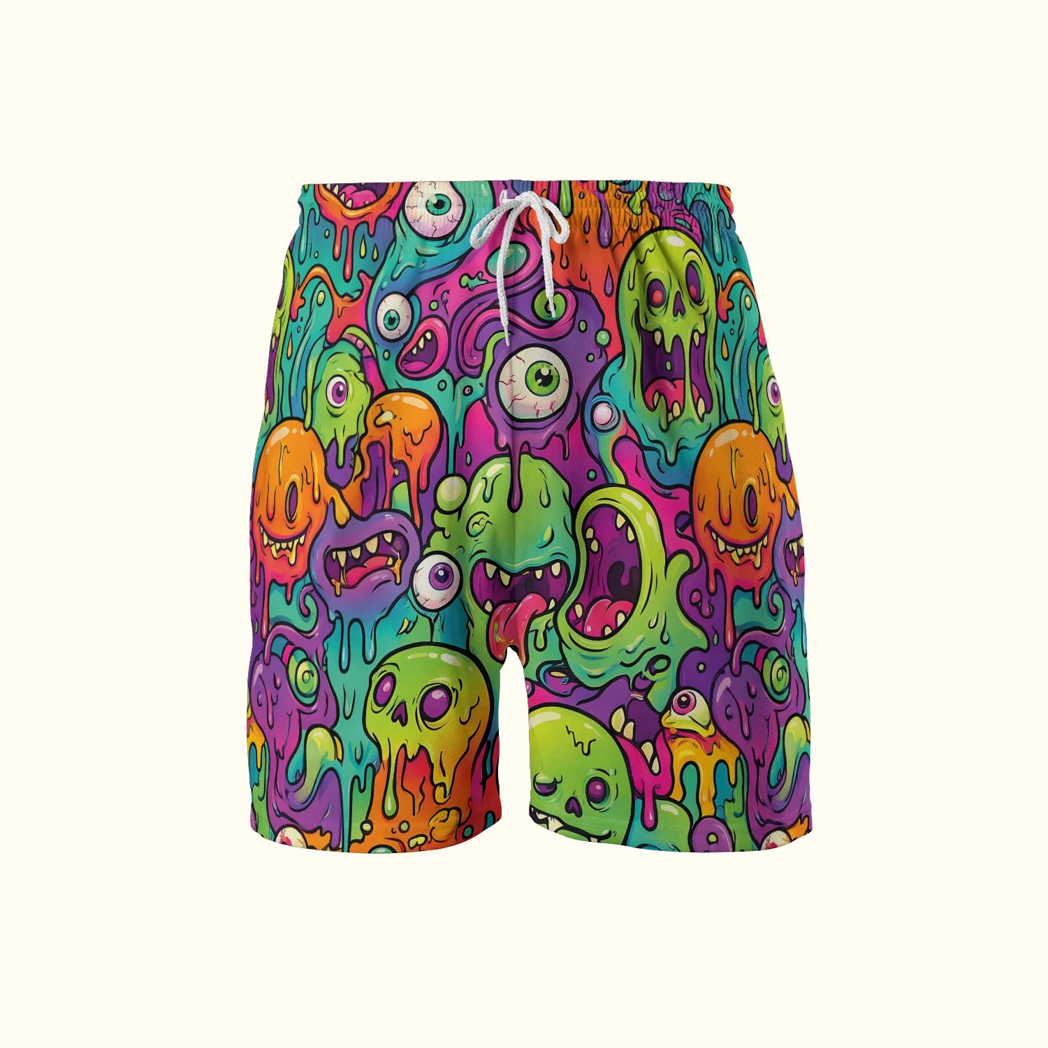 Front view of Trippy Monster Rave Shorts for men featuring a neon psychedelic melting face print and white drawstring.