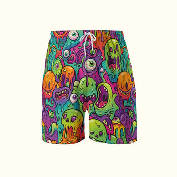 Front view of Trippy Monster Rave Shorts for men featuring a neon psychedelic melting face print and white drawstring.