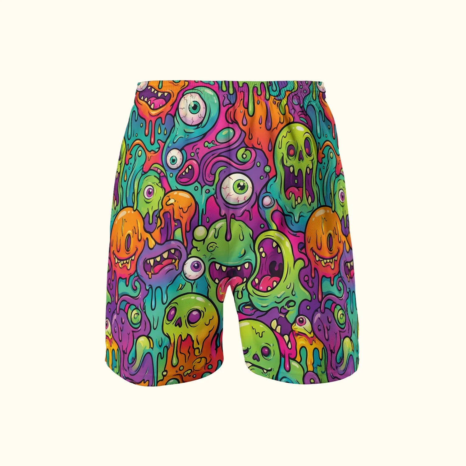 Back view of the Trippy Monster Rave Shorts displaying the all-over colorful dripping neon skull and eyeball festival graphic.