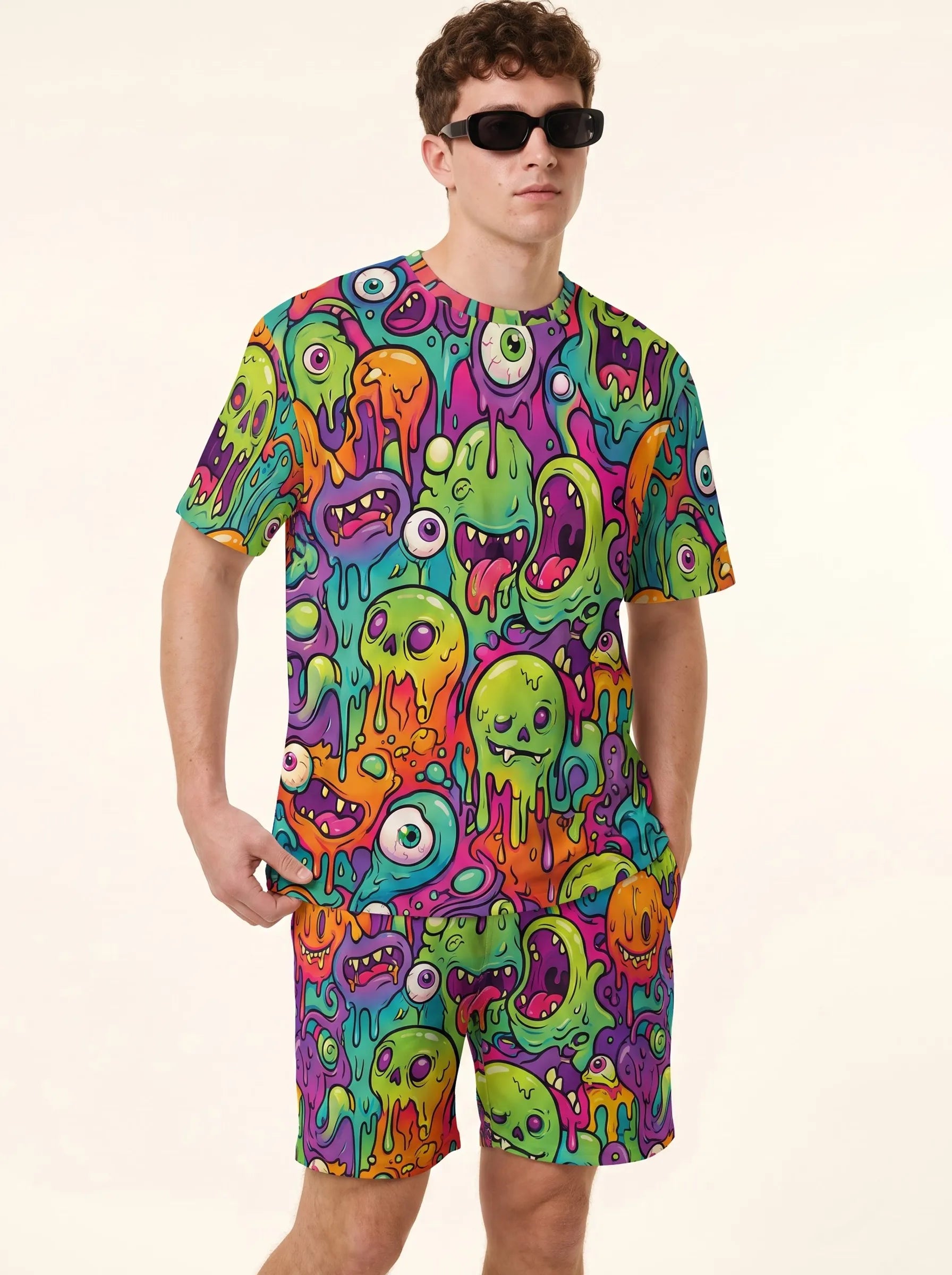 Male model wearing the Trippy Monster Rave Shorts and matching t-shirt, styling a complete neon rave outfit for men.
