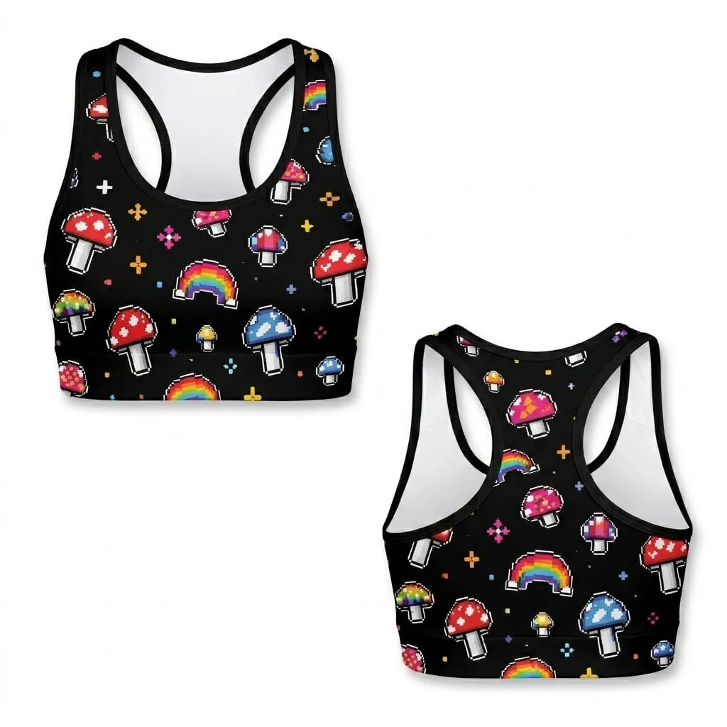 Front and back view of the black Trippy Mushroom Rave Bra featuring a vibrant 8-bit pixel mushroom and rainbow print, designed with a stay-put racerback.