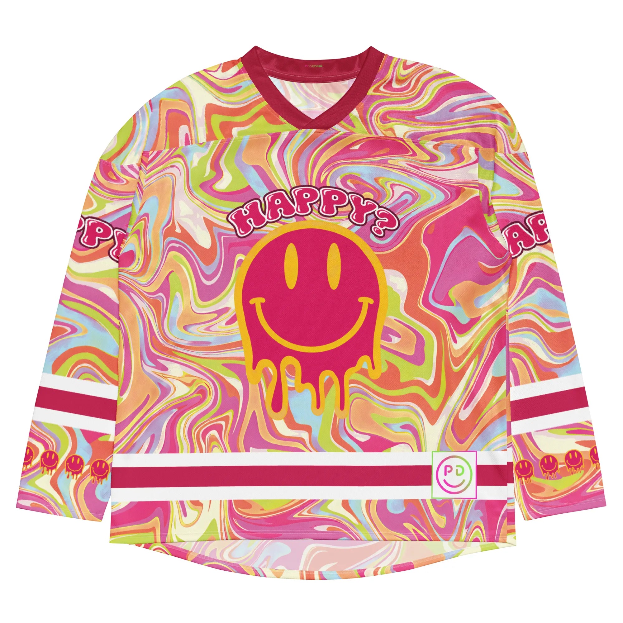 Front view of the trippy pink rave hockey jersey laid flat. This breathable EDM festival top highlights a neon psychedelic pattern, maroon V-neck trim, and a dripping pink smiley face graphic on the chest