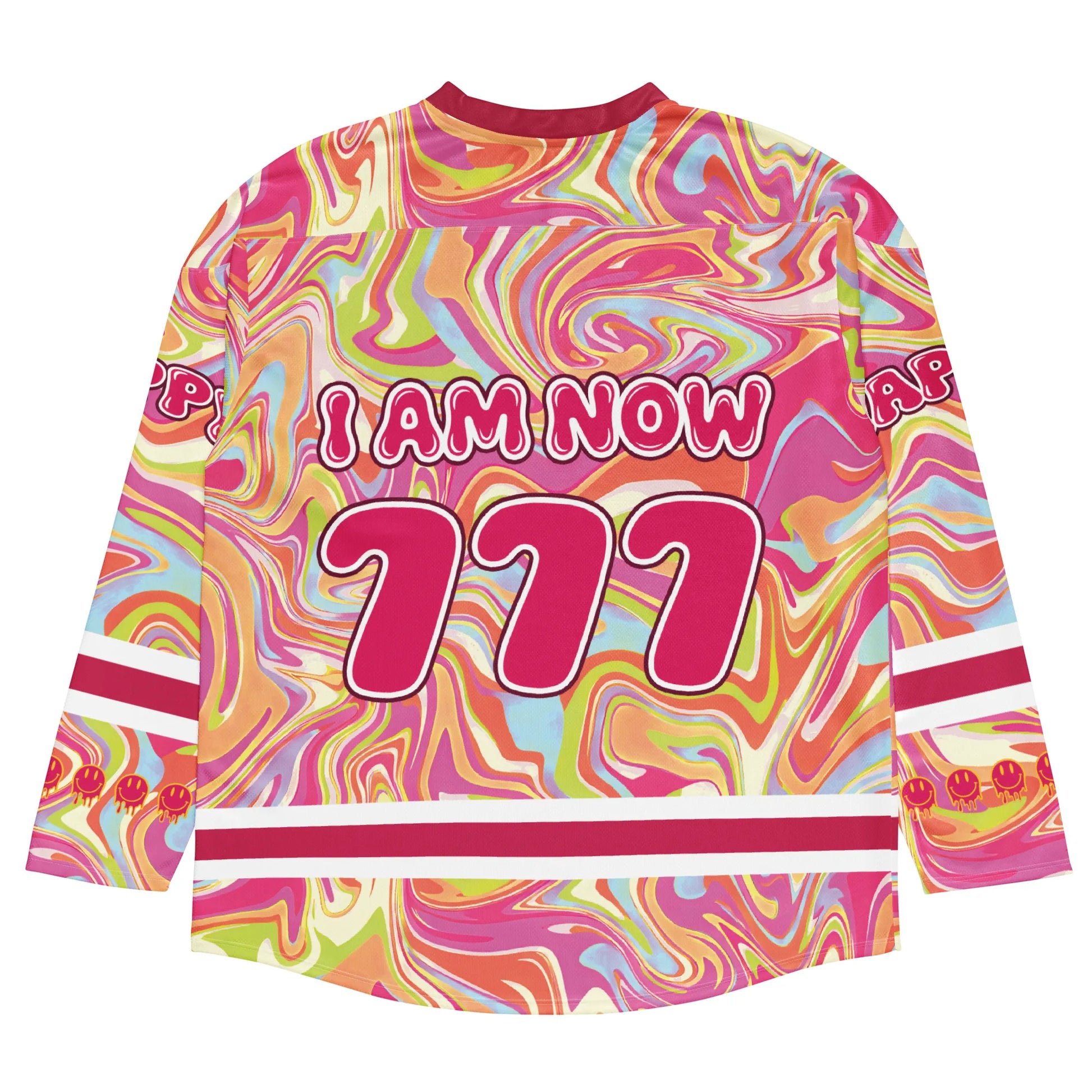 Back view of the trippy pink rave hockey jersey laid flat. The colorful EDM festival outfit features striped cuffs with mini smileys, a vibrant Y2K swirl background, and large "777" lucky numbers