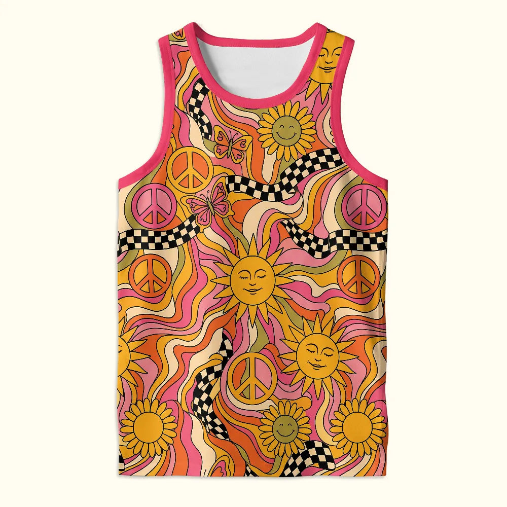 Front view of a trippy rave tank top featuring a retro 70s psychedelic pattern with smiley sunflowers, peace signs, and checkerboards