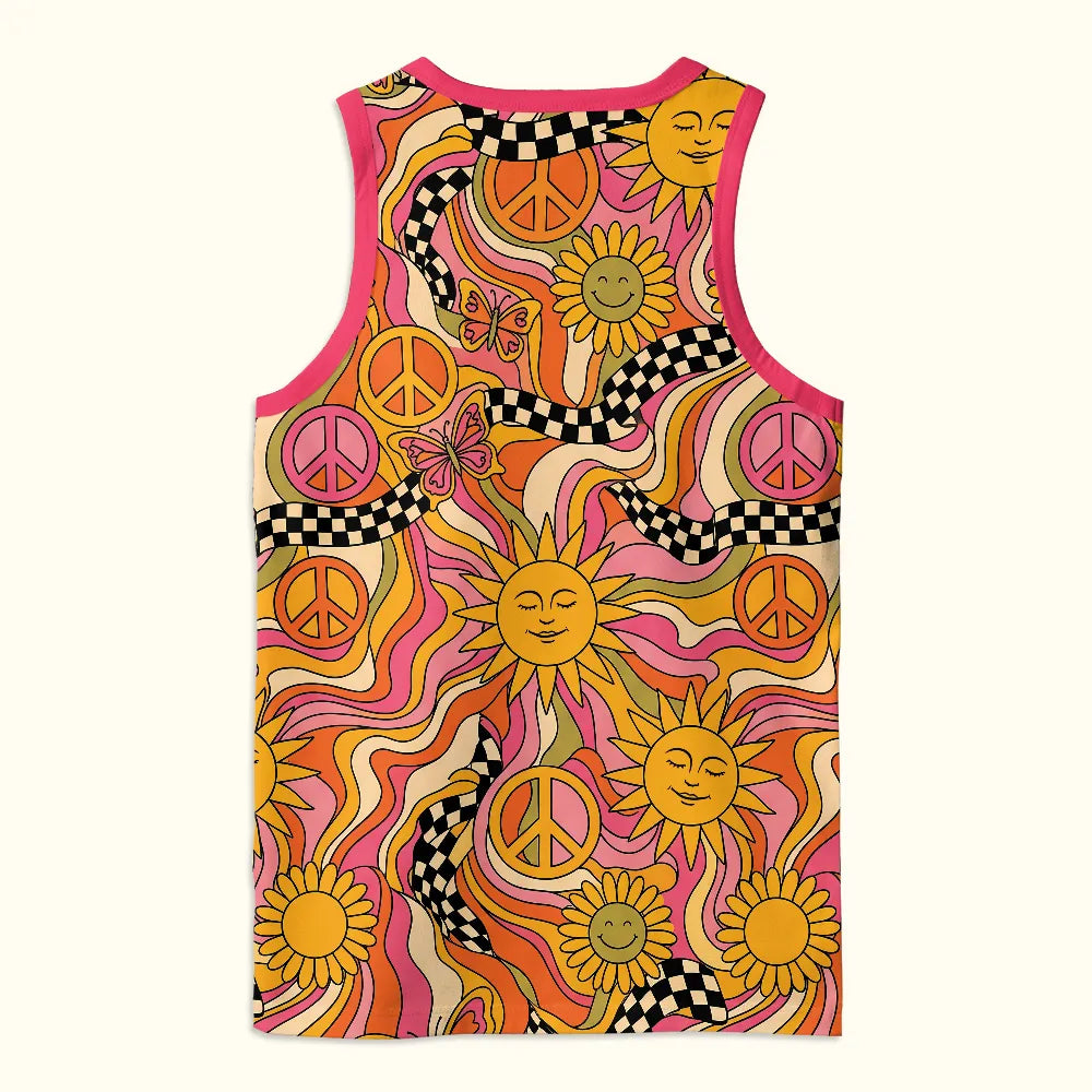 Back view mockup of the mens EDM festival clothing tank top, displaying an all-over sublimation print of vintage smiley faces and butterflies.