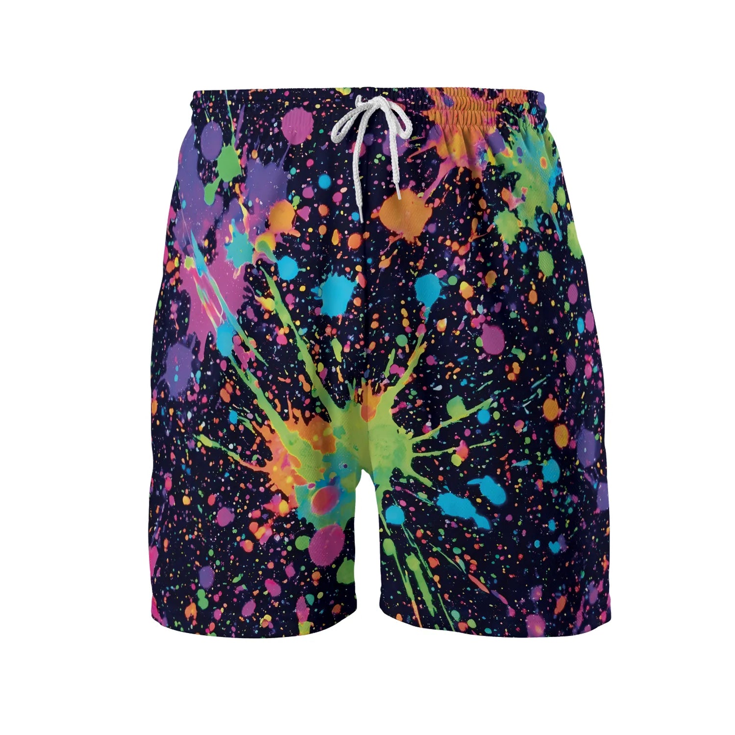 Front view of Turn Heads in Neon Paint Splatter Rave Shorts, featuring a dark background covered in vibrant multi-colored paint splashes and an elastic waistband with a white drawstring