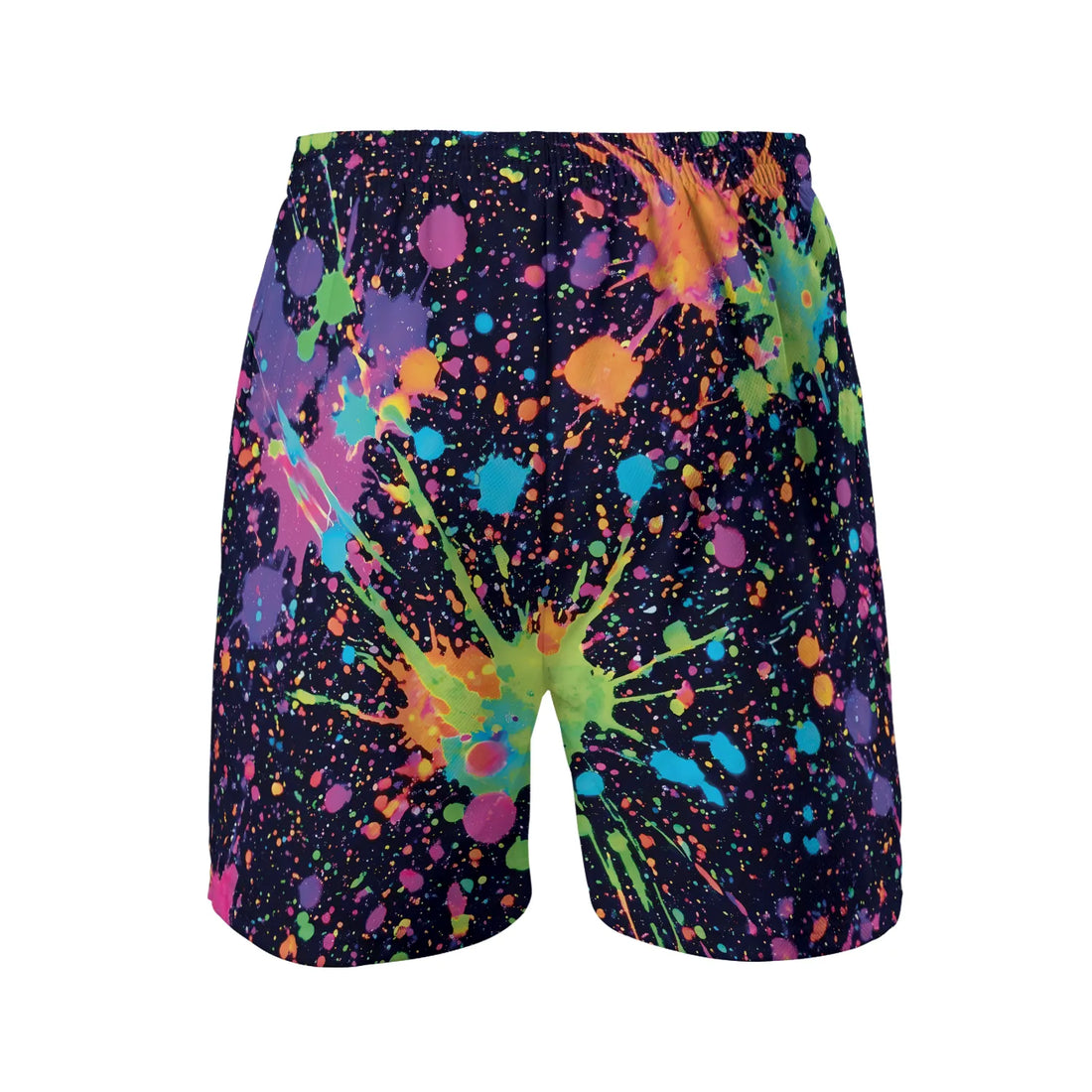 Front view of Turn Heads in Neon Paint Splatter Rave Shorts, featuring a dark background covered in vibrant multi-colored paint splashes and an elastic waistband with a white drawstring