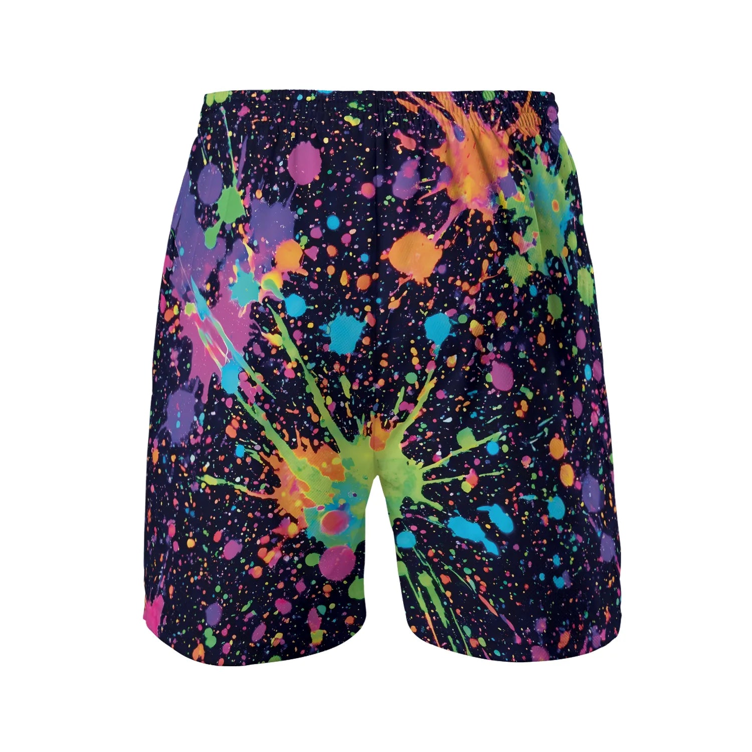 Back view of Turn Heads in Neon Paint Splatter Rave Shorts, showcasing the bright neon paint splatter pattern continuing seamlessly across the dark fabric