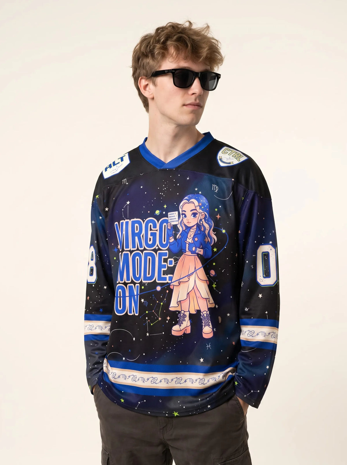 Front view of a man wearing the Virgo Galaxy Rave Hockey Jersey, highlighting the V-neck collar, color-blocked shoulders, and cyber-kawaii graphic.