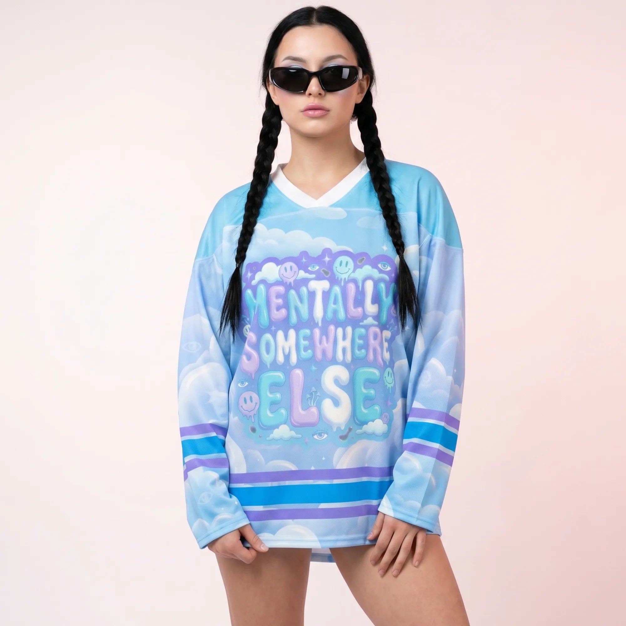 Pastel blue rave hockey jersey with "Mentally Somewhere Else" trippy graphic - POSIDYNA Rave Outfits collection